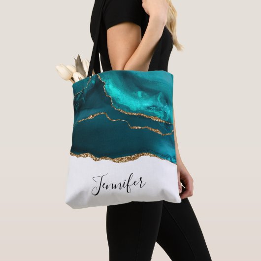 Modern stijlvol Blauwgroen agate & Gold Ribbon op  Tote Bag (Dichtbij)