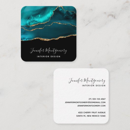 Modern stijlvol Blauwgroen agate & Gold Ribbon op  Vierkante Visitekaartje (Voorkant / Achterkant)