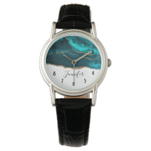 Modern stijlvol Blauwgroen en Gold Agate op wit Horloge