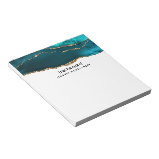 Modern stijlvol Blauwgroen en Gold Agate op wit Notitieblok (Schuin)