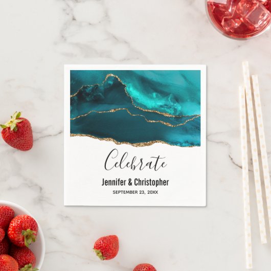 Modern stijlvol Blauwgroen en Gold Agate op wit Servet (Insitu)