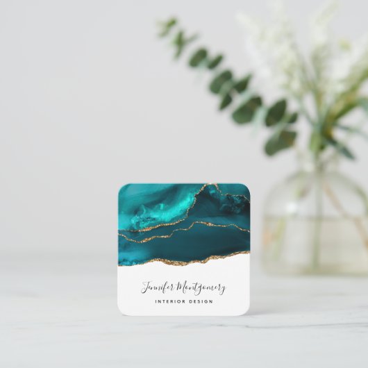 Modern stijlvol Blauwgroen en Gold Agate op wit Vierkante Visitekaartje (Staand voorkant)