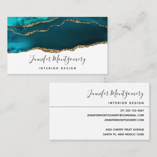 Modern stijlvol Blauwgroen en Gold Agate op wit Visitekaartje (Voorkant / Achterkant)