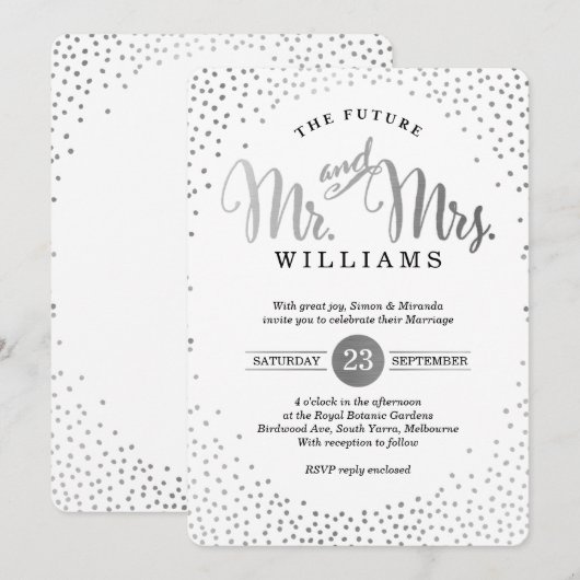 MODERN STIJLVOL BRUILOFT mini zilveren confetti zw Kaart (Voorkant / Achterkant)