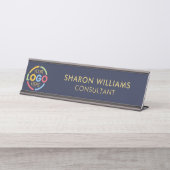 Modern Stijlvol Custom Business Logo Navy Blue Bureau Naambordje (Voorkant)