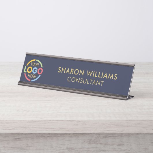 Modern Stijlvol Custom Business Logo Navy Blue Bureau Naambordje (Voorkant)