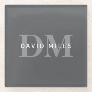 Modern Stijlvol Donkergrijs Monogram & Naam Glazen Onderzetter