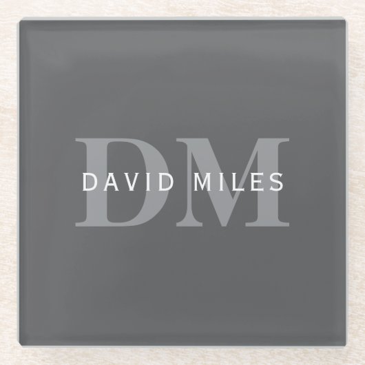Modern Stijlvol Donkergrijs Monogram & Naam Glazen Onderzetter (Voorkant)