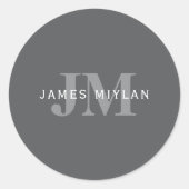 Modern Stijlvol Donkergrijs Monogram & Naam Ronde Sticker (Voorkant)