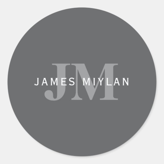 Modern Stijlvol Donkergrijs Monogram & Naam Ronde Sticker (Voorkant)