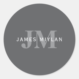 Modern Stijlvol Donkergrijs Monogram & Naam Ronde Sticker