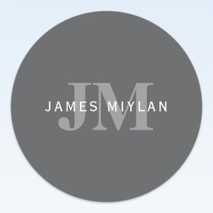 Modern Stijlvol Donkergrijs Monogram & Naam Ronde Sticker