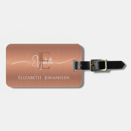Modern Stijlvol geborsteld kopermetaal monogram Bagagelabel (Voorkant horizontaal)