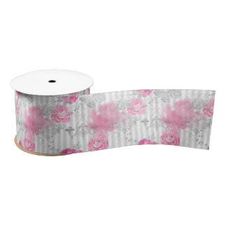 Modern Stijlvol girly roze glitter bloemenpatroon Satijnen Lint