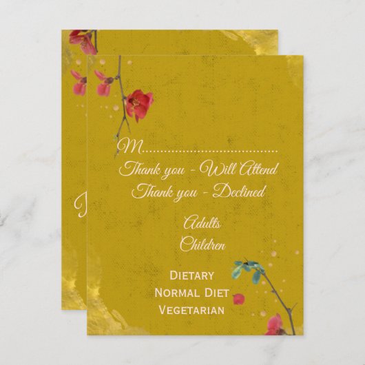 Modern stijlvol goud en rood RSVP kaartje (Voorkant / Achterkant)