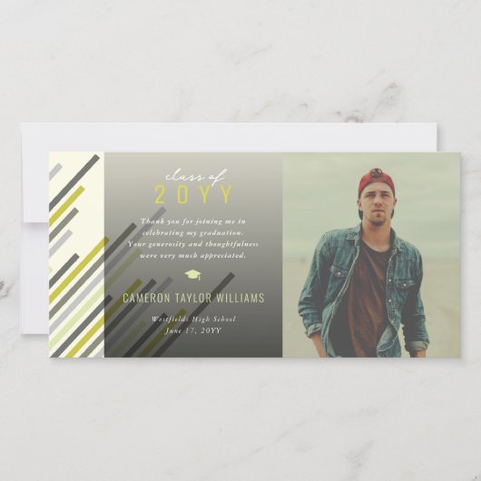 Modern stijlvol, grijs, groen stripes Afstuderen Bedankkaart (Voorkant)