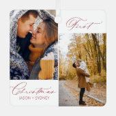 Modern stijlvol koppel eerste kerstscript foto metalen ornament (Voorkant)