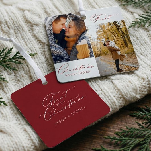 Modern stijlvol koppel eerste kerstscript foto metalen ornament