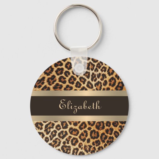 Modern Stijlvol Luipaard Patroon Bruin & Gouden St Sleutelhanger (Voorkant)