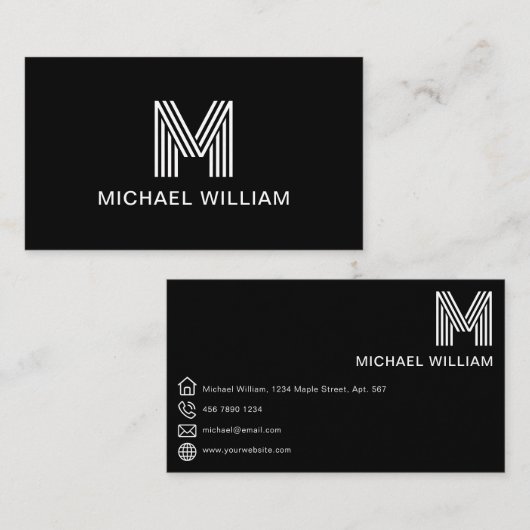 Modern Stijlvol Monogram Eenvoudig Slank Zwart Visitekaartje (Voorkant / Achterkant)