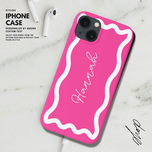 Modern Stijlvol Monogram Script Hot Pink Wavy Line Case-Mate iPhone Case