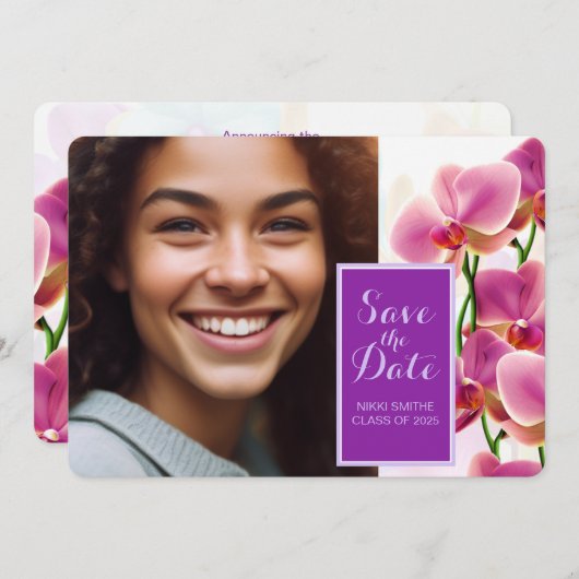 Modern Stijlvol Orchideeën Afstuderen Save the Dat Save The Date (Voorkant / Achterkant)