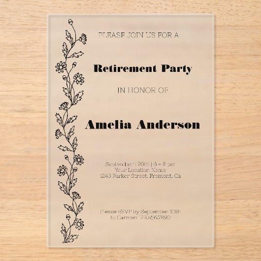 Modern stijlvol pensioen daisy zwart acryl uitnodigingen (Voorkant)