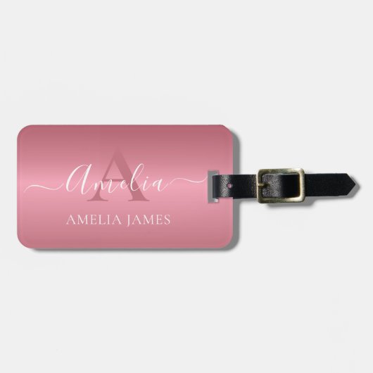 Modern stijlvol Roos Goud Geborsteld Metaal Monogr Bagagelabel (Voorkant horizontaal)