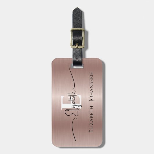 Modern stijlvol Roos Goud Geborsteld Metaal Monogr Bagagelabel (Voorkant verticaal)