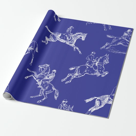 Modern Stijlvol Royal Blue Horseback Riding Toile Cadeaupapier (Uitgerold)