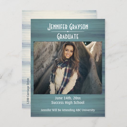 Modern Stijlvol Rustiek Hout Foto Afstuderen Aankondigingskaart (Voorkant / Achterkant)