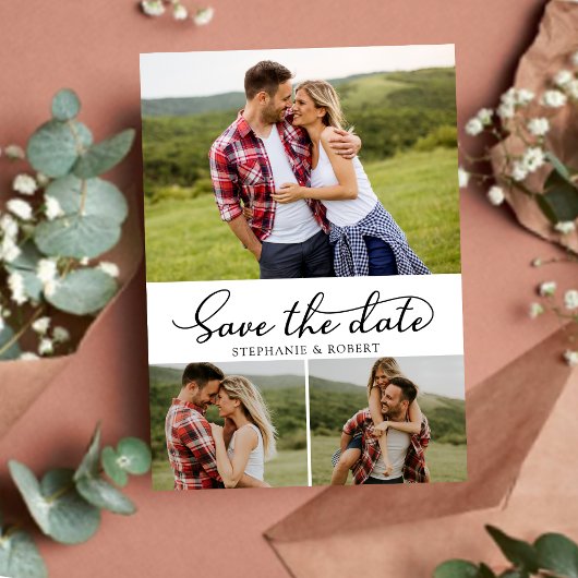 Modern stijlvol script 3 foto collage bruiloft save the date