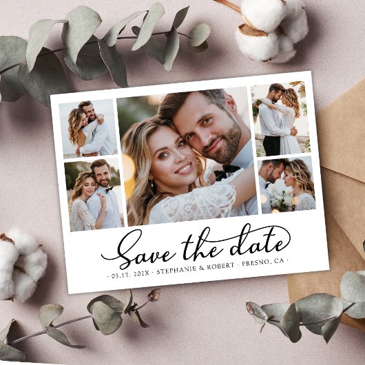 Modern stijlvol script 3 foto collage bruiloft save the date