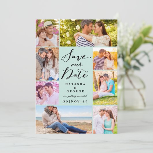 Modern stijlvol script 8 Multi Photo Save the Date Kaart (Staand voorkant)
