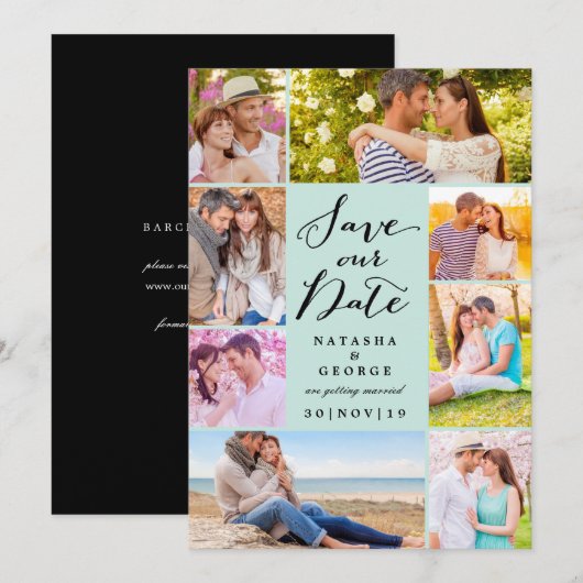 Modern stijlvol script 8 Multi Photo Save the Date Kaart (Voorkant / Achterkant)