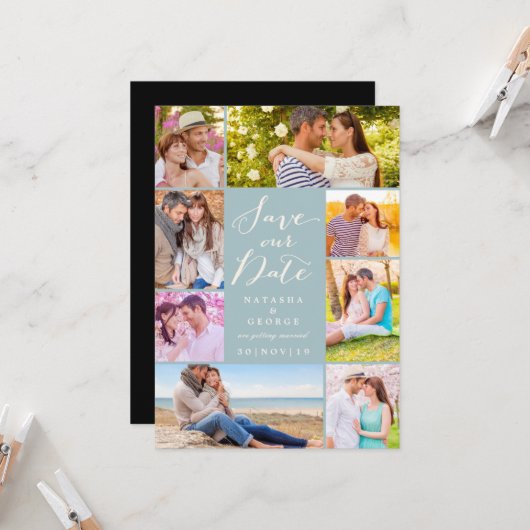 Modern stijlvol script 8 Multi Photo Save the Date Kaart (Voorkant / Achterkant in situ)