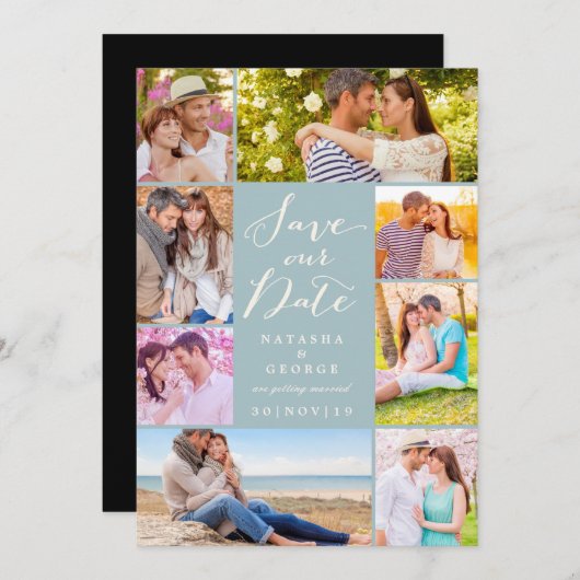 Modern stijlvol script 8 Multi Photo Save the Date Kaart (Voorkant / Achterkant)