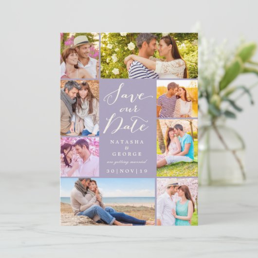 Modern stijlvol script 8 Multi Photo Save the Date Kaart (Staand voorkant)