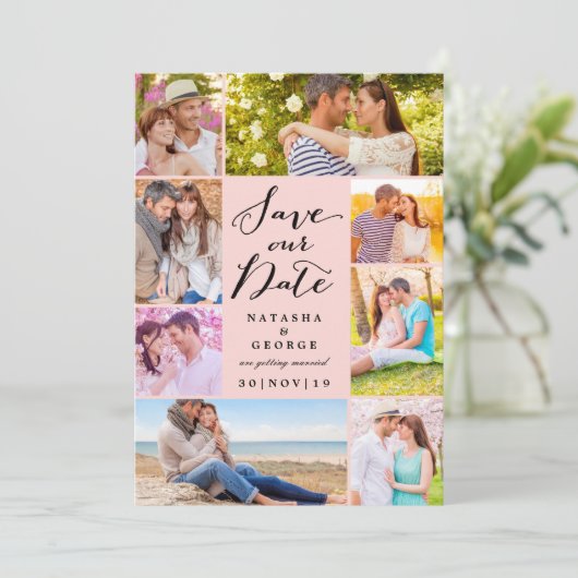 Modern stijlvol script 8 Multi Photo Save the Date Kaart (Staand voorkant)