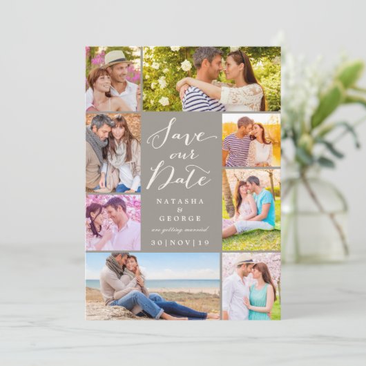 Modern stijlvol script 8 Multi Photo Save the Date Kaart (Staand voorkant)
