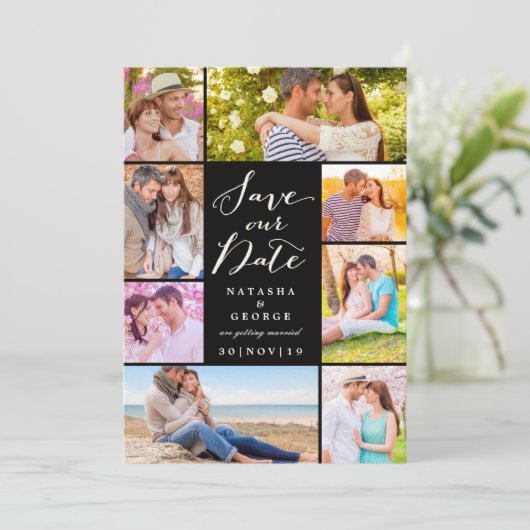 Modern stijlvol script 8 Multi Photo Save the Date Kaart (Staand voorkant)