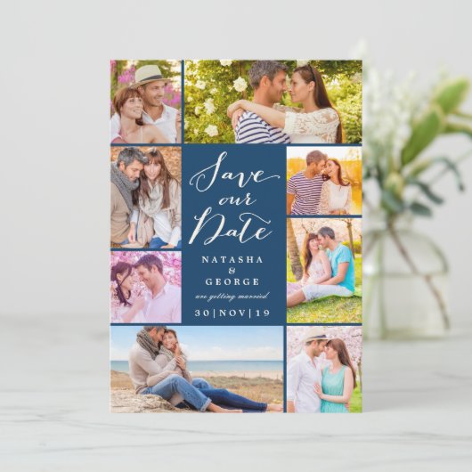 Modern stijlvol script 8 Multi Photo Save the Date Kaart (Staand voorkant)