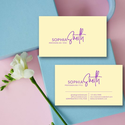 Modern stijlvol script Bord geel & Paarse Visitekaartje
