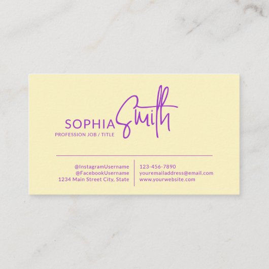 Modern stijlvol script Bord geel & Paarse Visitekaartje (Achterkant)