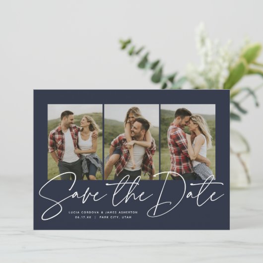 Modern stijlvol script drie foto blauw save the date (Staand voorkant)