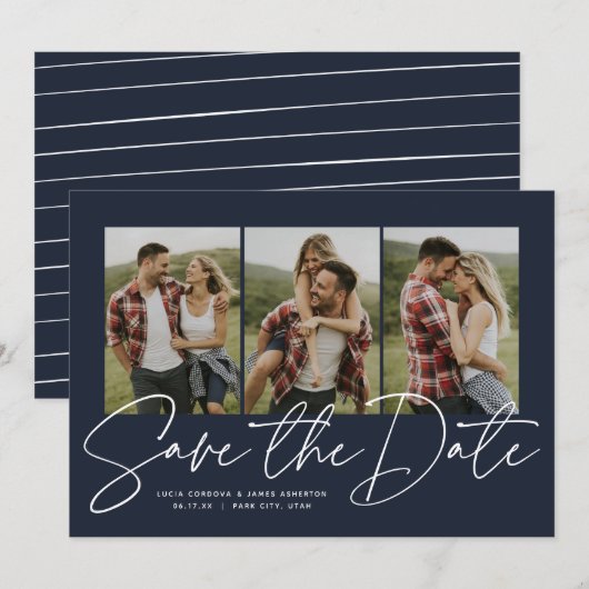 Modern stijlvol script drie foto blauw save the date (Voorkant / Achterkant)