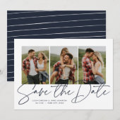 Modern stijlvol script drie foto blauw save the date (Voorkant / Achterkant)