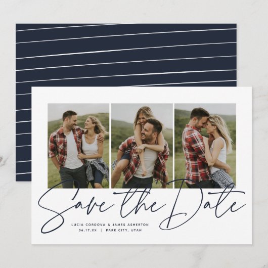 Modern stijlvol script drie foto blauw save the date (Voorkant / Achterkant)