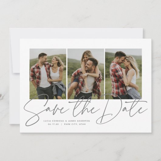Modern stijlvol script drie foto's opslaan datum save the date (Voorkant)