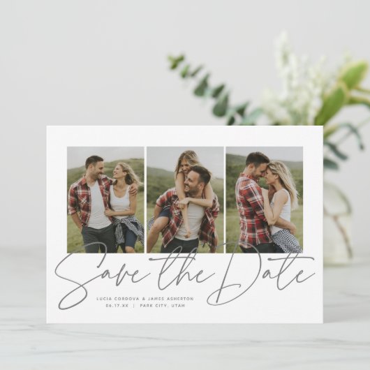 Modern stijlvol script drie foto's opslaan datum save the date (Staand voorkant)